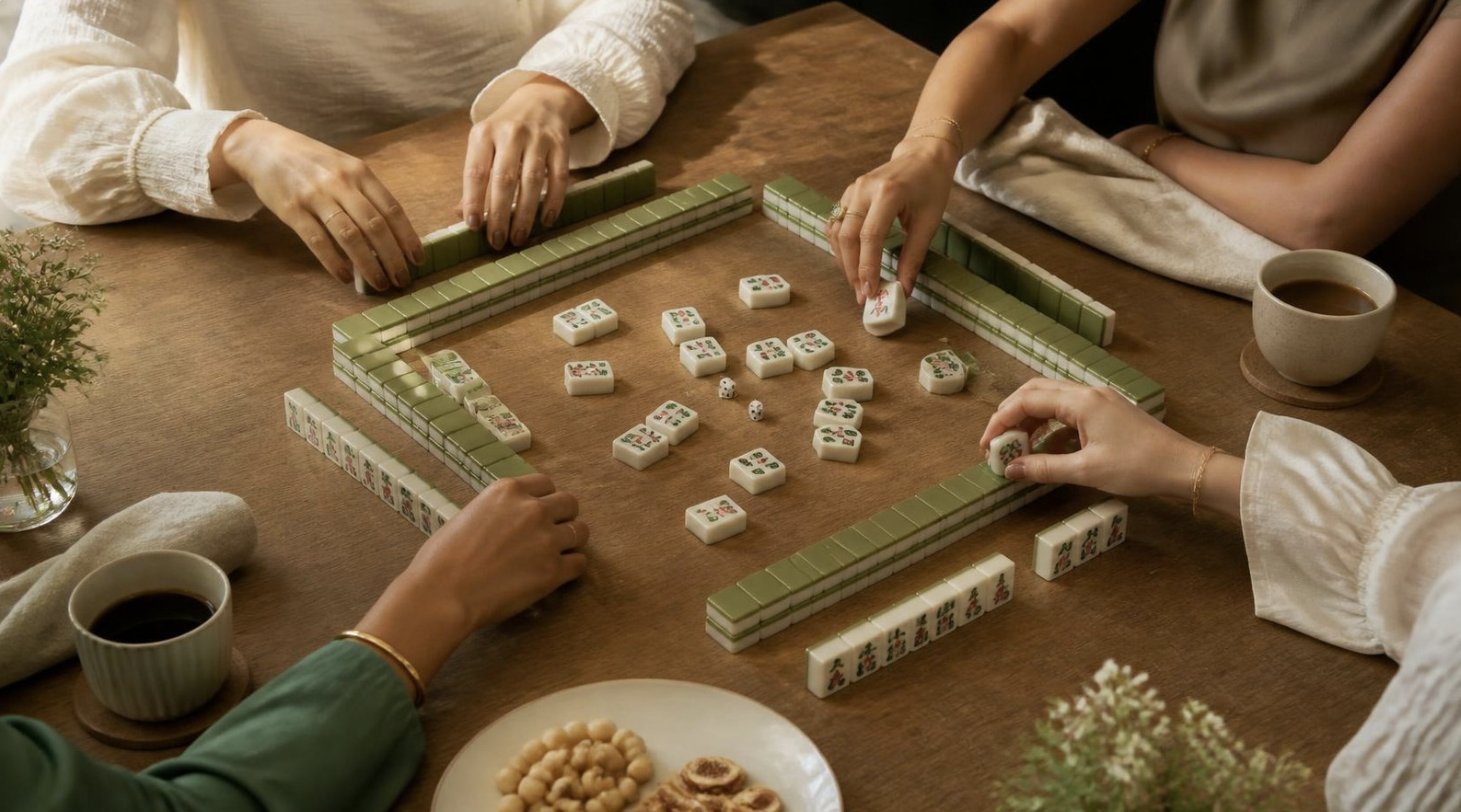 Cuatro personas juegan mahjong alrededor de una mesa de madera, con café y algo de comer